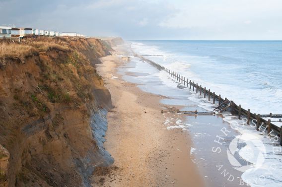 Beach at Mundesley, Norfolk, showing coastal erosion, England.